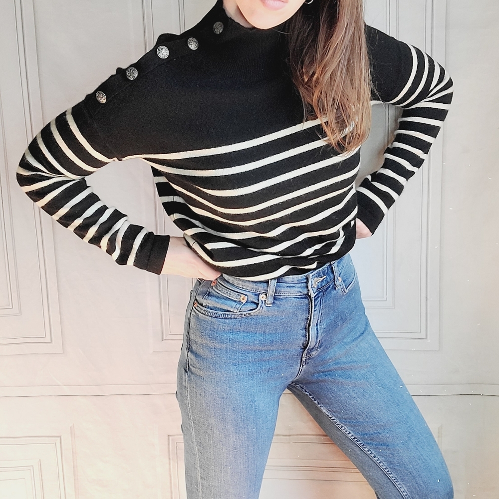 Neiman Marcus Cashmere Stripe Button Sweater